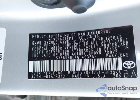 2016 Toyota Corolla S Plus z USA, uszkodzony, nr VIN 5YFBURHE4GP493859